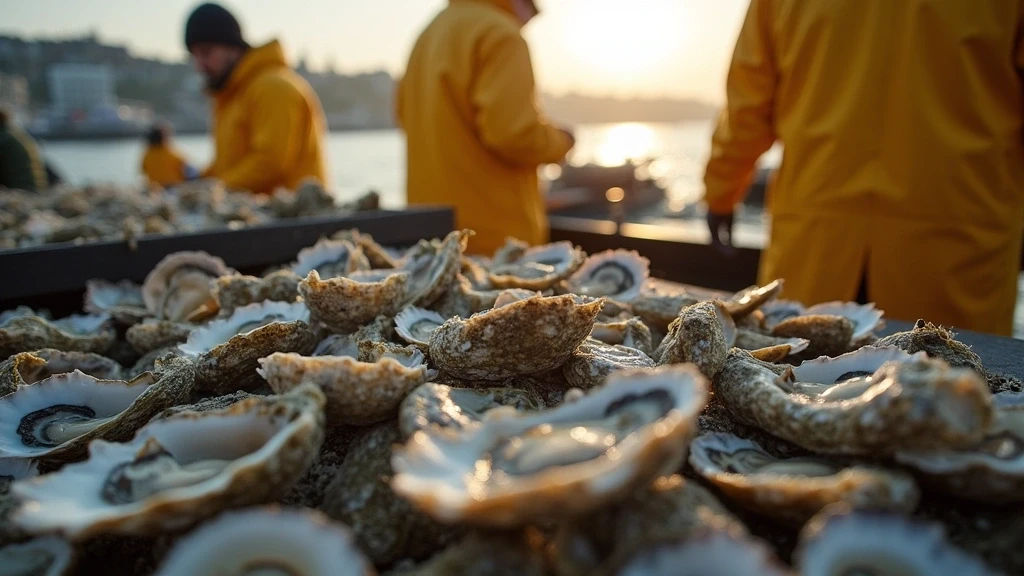 Frische Austern auf Trouville Fischmarkt - lokale Fischer bei der Morgenarbeit an der Normandie-Kueste