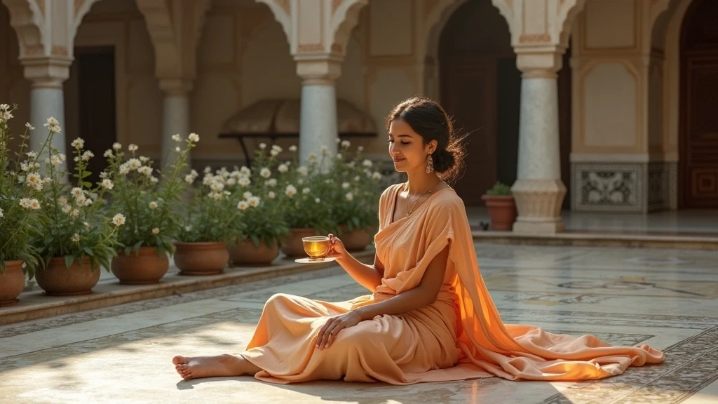 Elegante Frau in Seidensari bei traditioneller Chai-Zeremonie in Mughal-Garten in Delhi