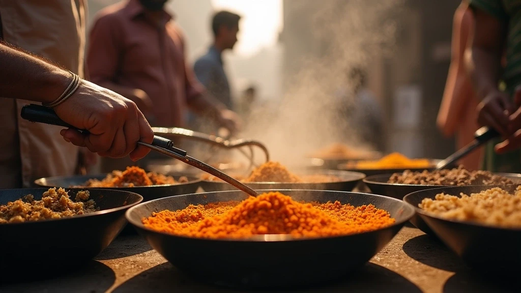 Strassenfood-Zubereitung auf Chandni Chowk Markt in Delhi mit Gewürzen und goldenem Licht