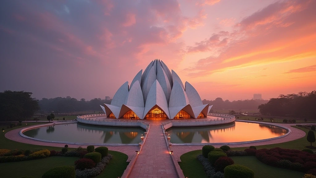 Lotus-Tempel in Delhi bei Sonnenuntergang mit goldenem Licht und dramatischem Himmel