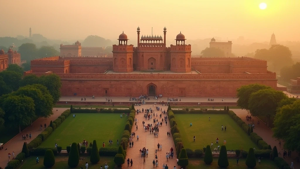 Luftaufnahme des Roten Forts in Delhi zur goldenen Stunde mit historischen Mauern und Gärten