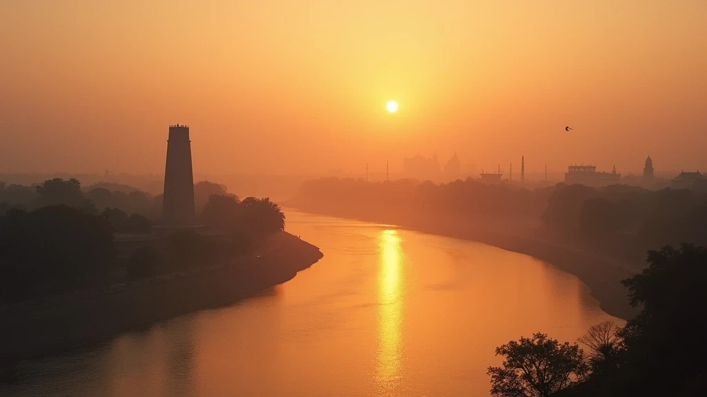Yamuna-Fluss in Delhi zur goldenen Stunde mit historischer Eisensäule und Skyline