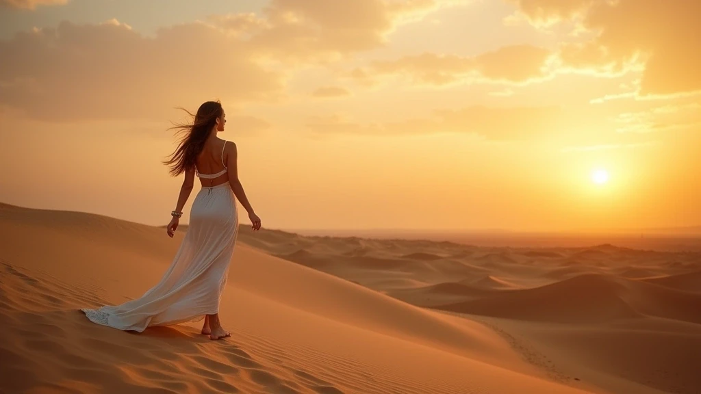 Elegante Frau in weissem Kleid auf Sandduenen bei Sonnenuntergang in Desert Nights Camp, Oman