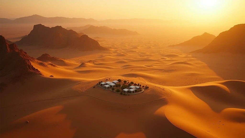Luftaufnahme der goldenen Sandduenen und Berge bei Desert Nights Camp, Oman zur goldenen Stunde