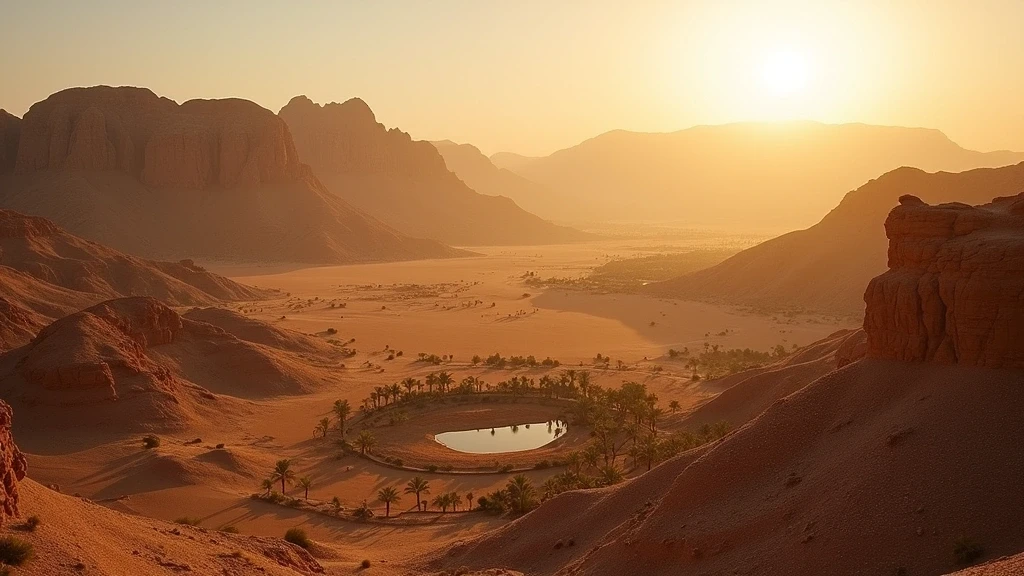Panoramablick auf Hajar-Berge und Wueste bei Desert Nights Camp, Oman zur goldenen Stunde
