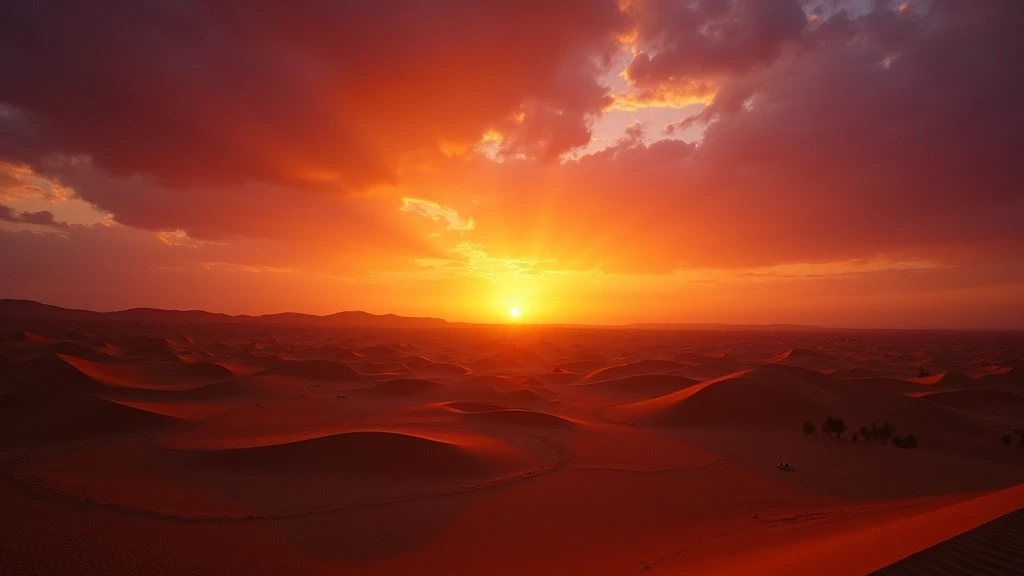 Dramatischer Sonnenuntergang ueber Sandduenen bei Desert Nights Camp, Oman