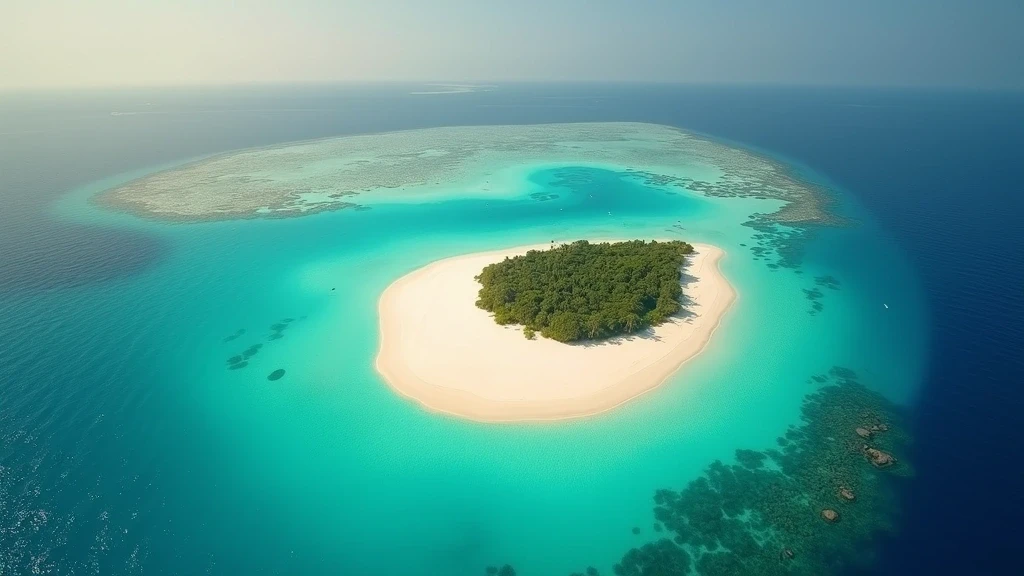 Luftaufnahme der nierenfoermigen Sandbank von Dhiffushi, Malediven zur goldenen Stunde