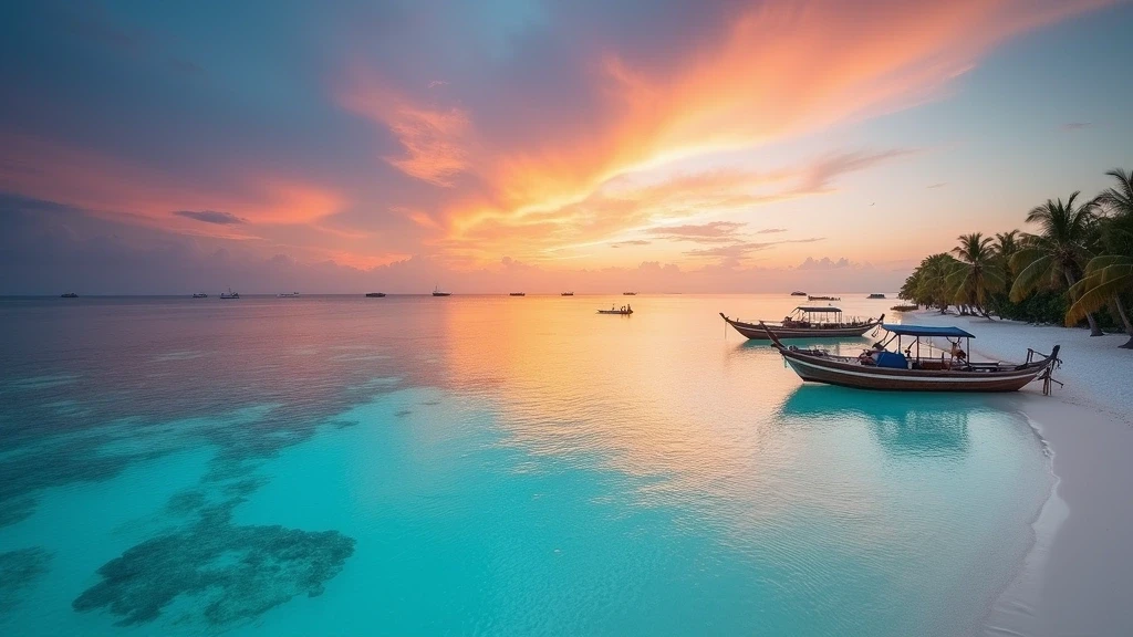 Panorama-Ansicht des weissen Sandstrandes von Dhiffushi, Malediven bei Sonnenuntergang