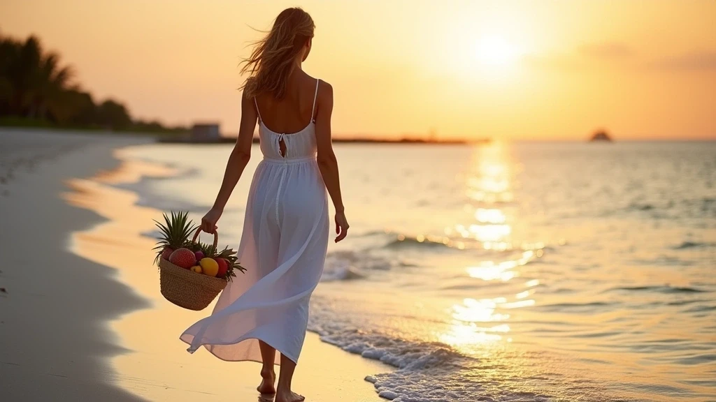 Elegante Reisende am Strand von Dhiffushi, Malediven bei Sonnenuntergang