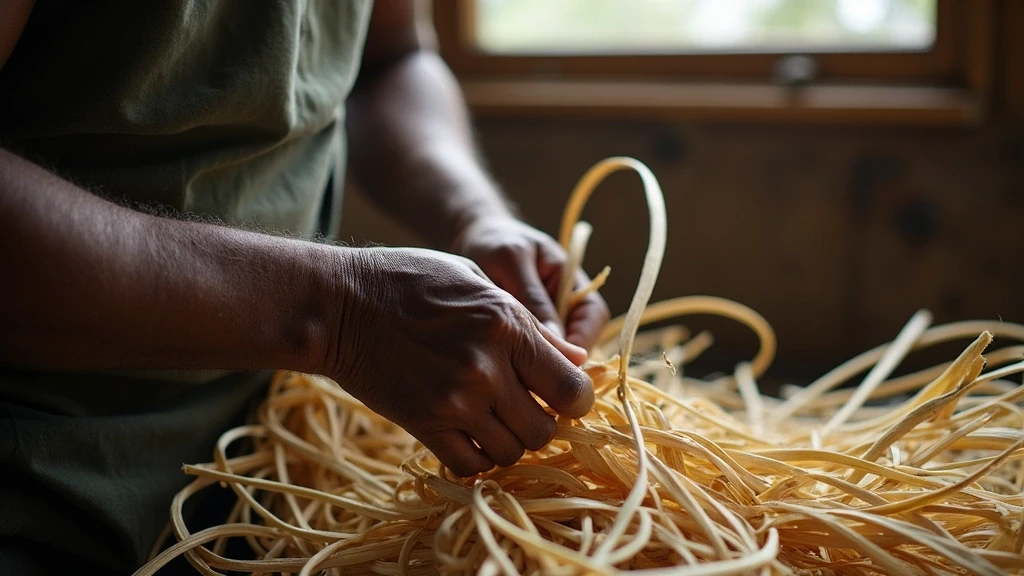 Lokaler Handwerker flechtet traditionellen Korb auf Bequia in den Grenadinen