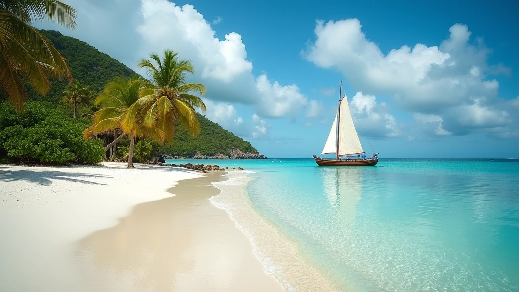 Salt Whistle Bay Strand auf Mayreau Insel in den Grenadinen mit tuerkisfarbenem Wasser