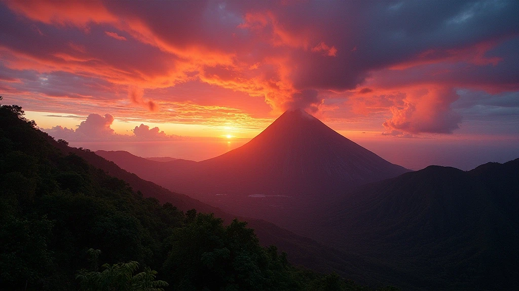 Sonnenuntergang ueber dem La Soufrière Vulkan auf St. Vincent in den Grenadinen