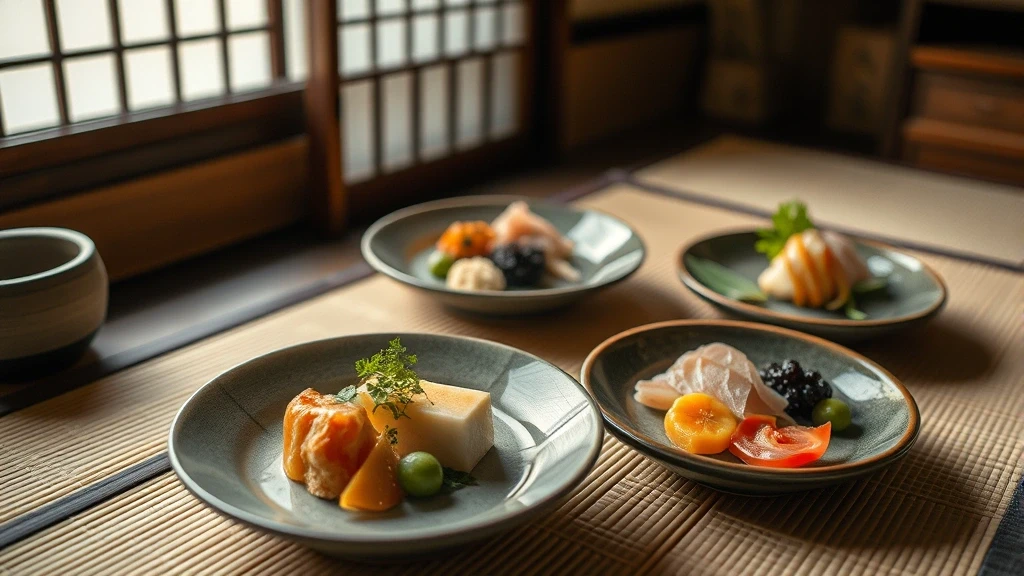 Detailaufnahme von exquisiter Kaiseki-Kueche in einem Luxus-Ryokan in Dogo, Japan