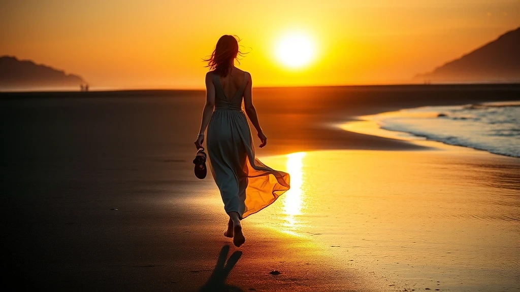 Elegante Frau barfuss am schwarzen Sandstrand von Dogo, Japan bei Sonnenuntergang