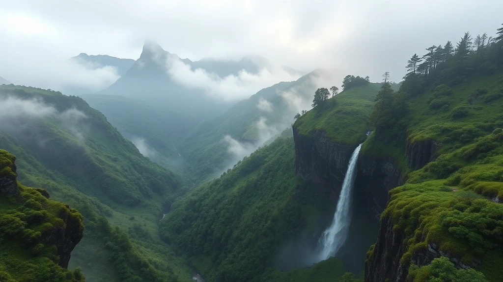 Panoramablick auf die urzeitlichen Vulkane und Nebelwaelder von Dogo, Japan