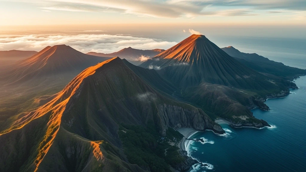 Dramatische Luftaufnahme der vulkanischen Landschaft von Dogo, Japan zur goldenen Stunde