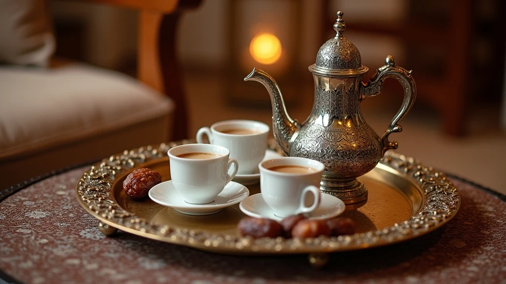 Traditionelle katarische Kaffeezeremonie mit Dallah-Kanne und Datteln in Doha