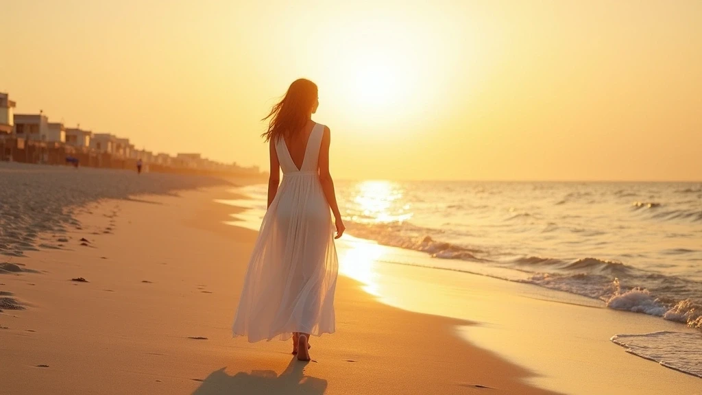 Elegante Frau im weissen Kleid am Katara Strand in Doha zur goldenen Stunde