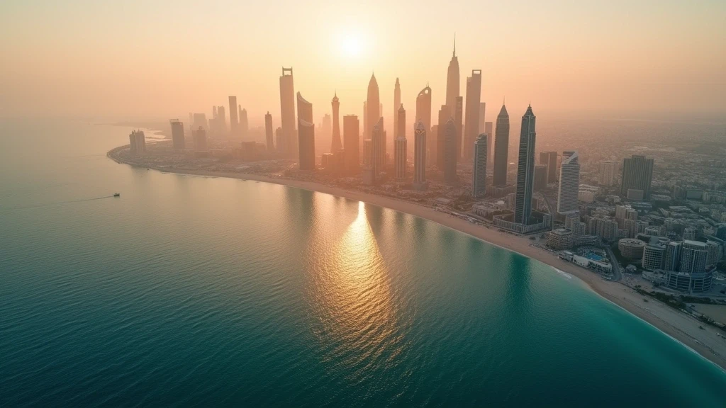 Luftaufnahme der Doha Skyline zur goldenen Stunde mit futuristischen Wolkenkratzern und der Corniche