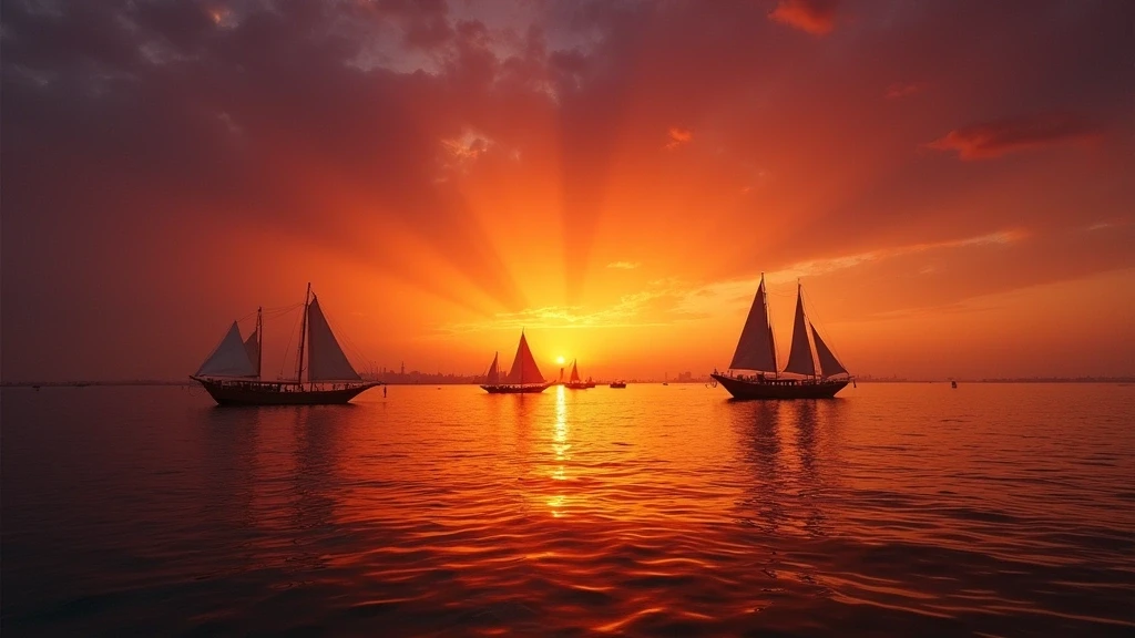Sonnenuntergang ueber dem Arabischen Golf mit traditionellen Dhow-Segelbooten in Doha