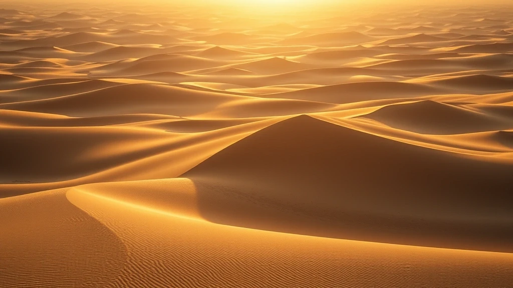 Goldene Stunde in der Wueste von Doha mit sanften Sandduenen und dramatischen Schatten