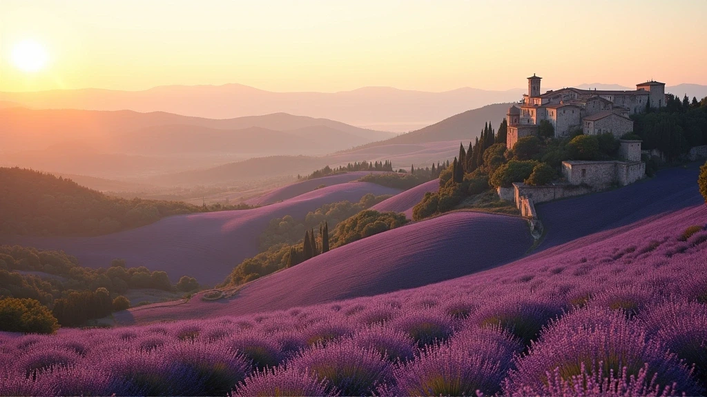 Panoramablick auf Lavendelfelder und mittelalterliche Doerfer in den Dolce Vita Heights, Italien