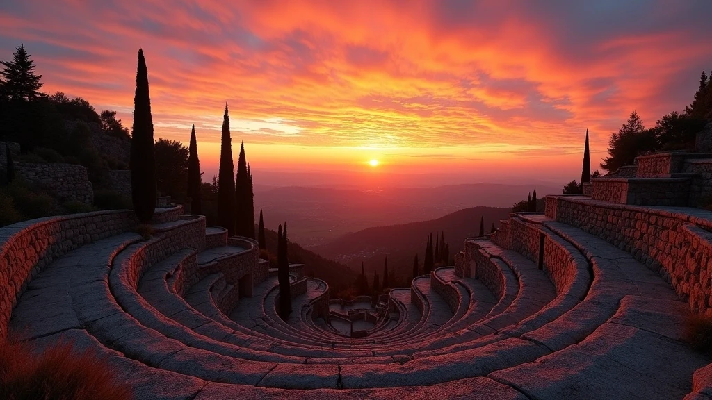 Dramatischer Sonnenuntergang ueber den steinernen Terrassen der Dolce Vita Heights in Italien