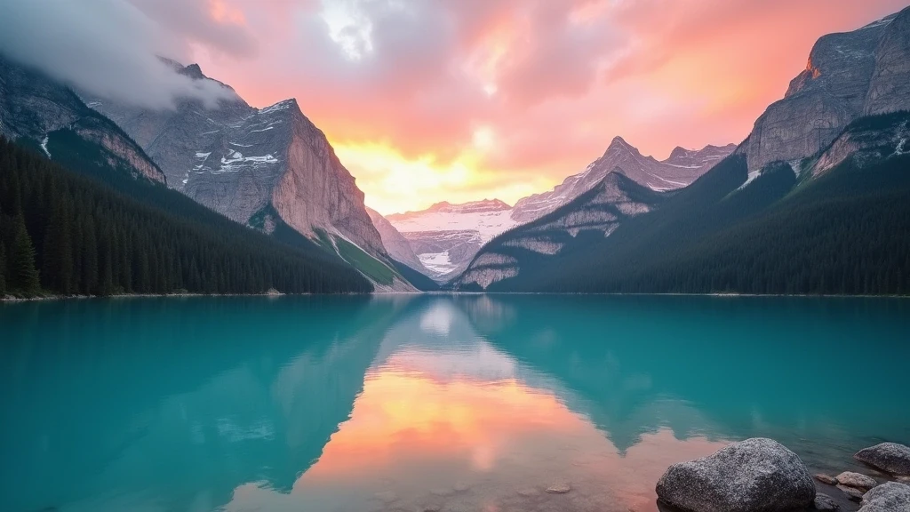 Sonnenuntergang am Lago di Braies in den Dolomiten, Italien mit Spiegelung der Berge