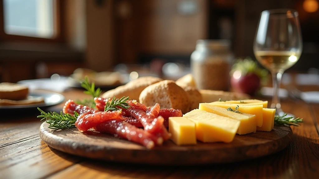 Traditionelle Suedtiroler Speckplatte mit Kaese in den Dolomiten, Italien