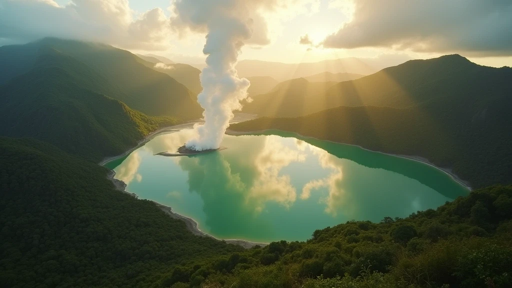 Luftaufnahme des kochenden Sees im Morne Trois Pitons Nationalpark auf Dominica zur goldenen Stunde