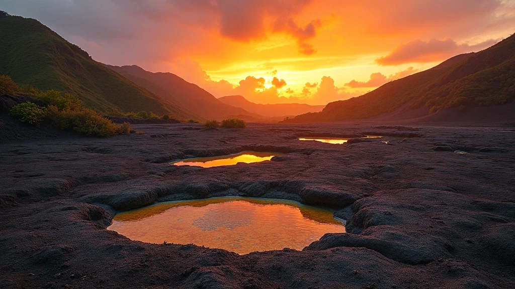 Sonnenuntergang ueber dem Tal der Oede auf Dominica mit vulkanischen Farben