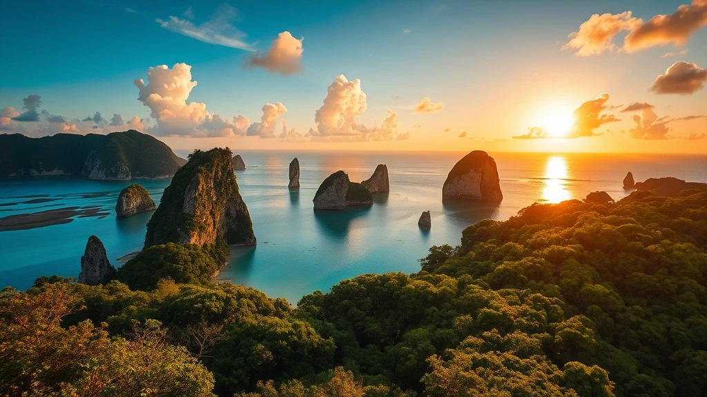Panoramablick auf den Los Haitises Nationalpark in der Dominikanischen Republik bei Sonnenuntergang