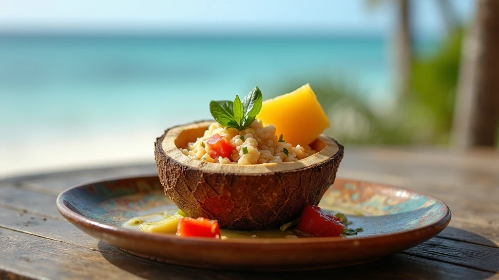 Frische Ceviche in Kokosnussschale mit tropischen Früchten in Punta Cana