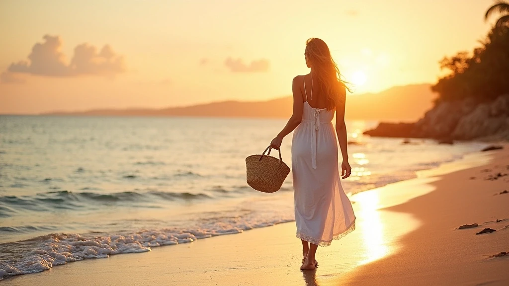 Elegante Frau am Strand von Punta Cana bei Sonnenuntergang im weissen Kleid