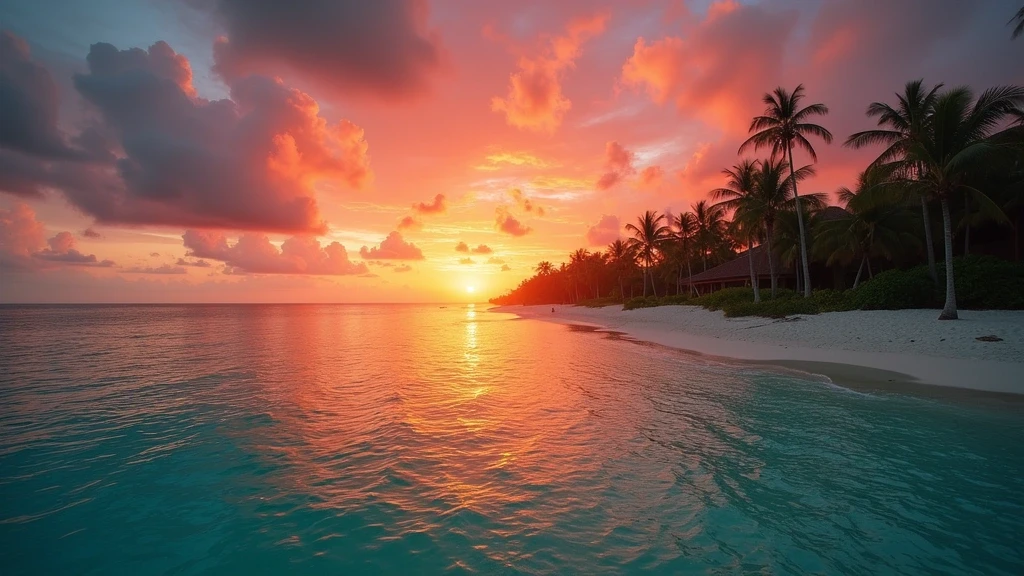 Dramatischer Sonnenuntergang über der Karibik in Punta Cana mit türkisfarbenem Wasser