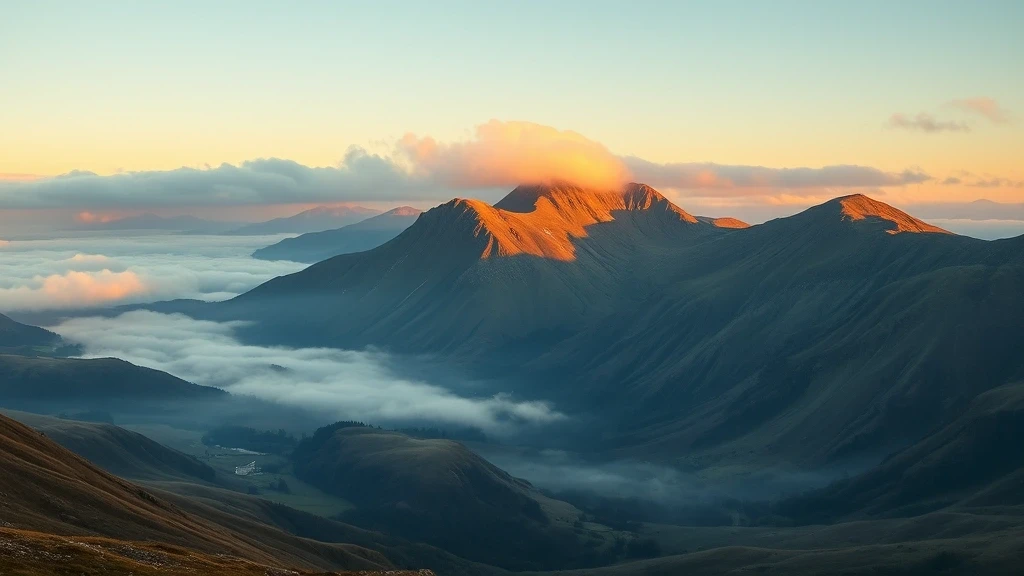 Panoramablick auf die Five Sisters of Kintail Bergkette in Dornie, Schottland mit Morgennebel