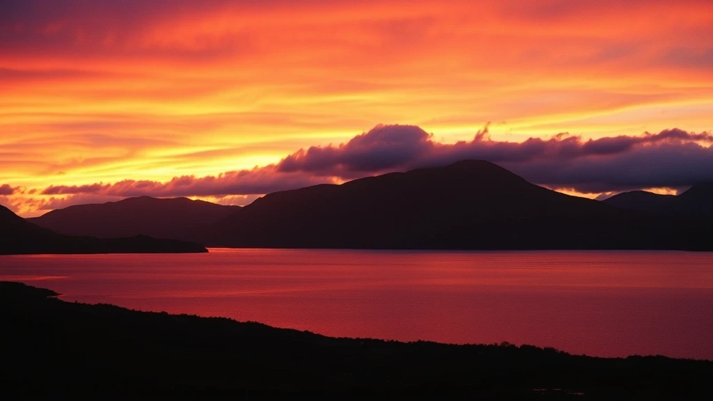 Sonnenuntergang ueber Loch Duich in Dornie, Schottland mit spiegelglatter Wasseroberflaeche