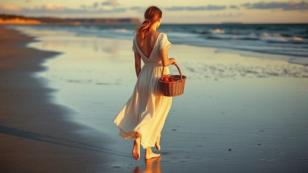 Elegante Frau barfuss am Dornoch Beach in Schottland mit frischem Meeresfruechten