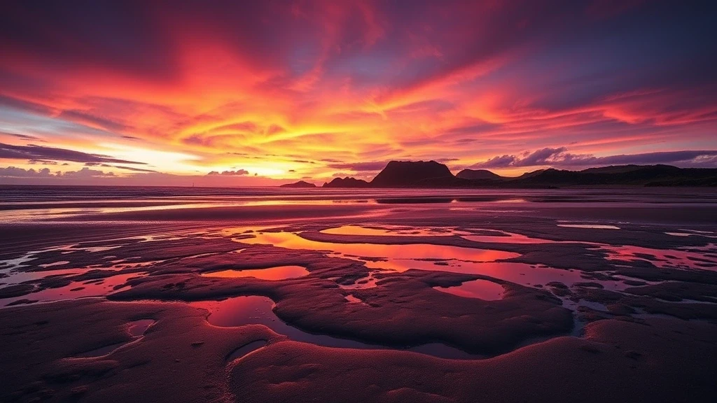 Sonnenuntergang am Dornoch Beach in Schottland mit dramatischem Himmel und Gezeitentuempeln