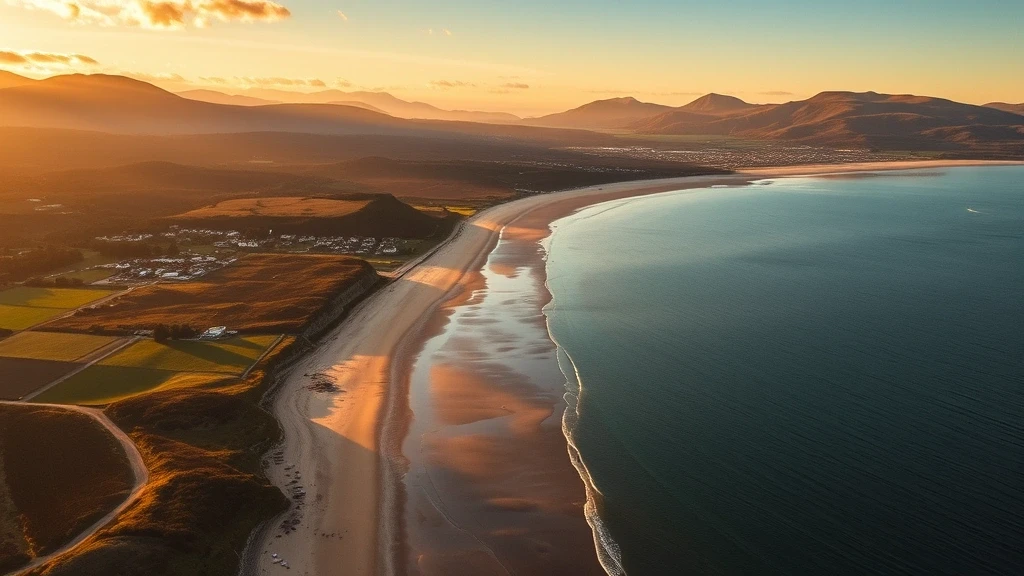 Luftaufnahme des Dornoch Firth in Schottland zur goldenen Stunde mit Strand, Kathedrale und Highlands