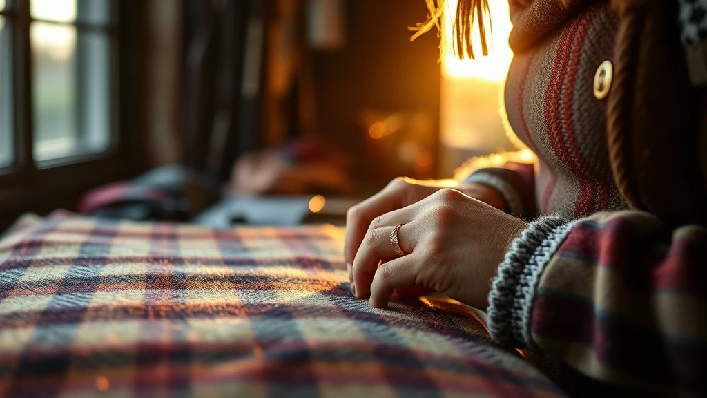 Handwerker stellt traditionellen schottischen Tweed in Dornoch her, goldene Stunde