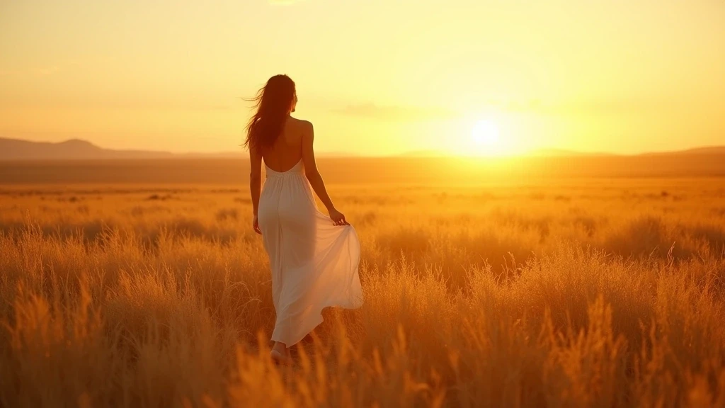 Elegante Frau im weissen Kleid wandert durch die Dornod-Steppe in der Mongolei bei Sonnenuntergang