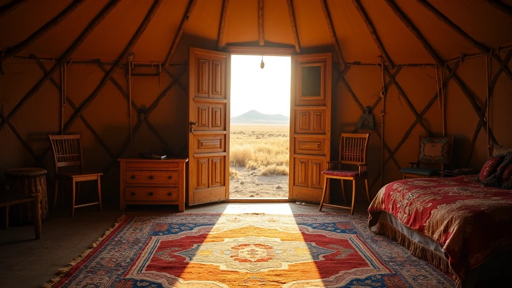 Traditionelle mongolische Jurte in der Dornod-Steppe mit detaillierten Textilien und goldenem Licht