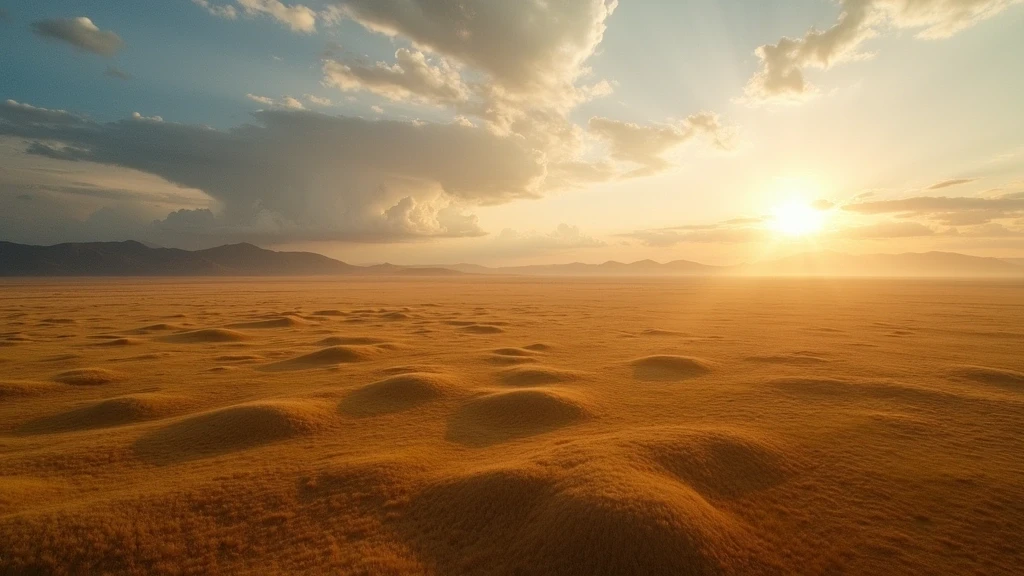 Luftaufnahme der endlosen Dornod-Steppe in der Mongolei zur goldenen Stunde mit Bergen am Horizont