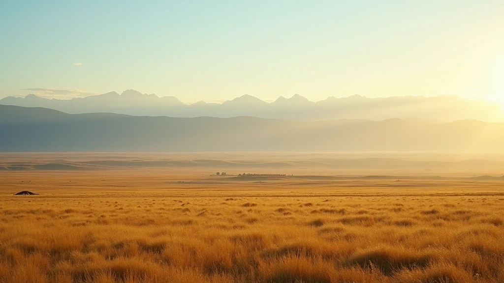 Panoramablick auf die goldene Dornod-Steppe in der Mongolei mit Bergen im Hintergrund bei Morgenlicht