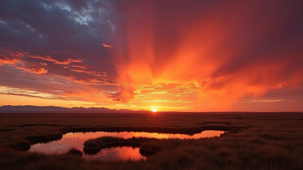 Sonnenuntergang ueber der Dornod-Steppe in der Mongolei mit spiegelnden Seen und dramatischem Himmel