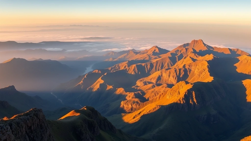 Panoramablick auf das Drakensberg Amphitheater mit goldenem Licht und Morgennebel