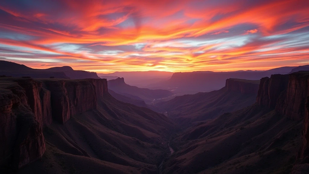 Sonnenuntergang ueber den Klippen des Drakensberg Amphitheaters mit feurigem Himmel