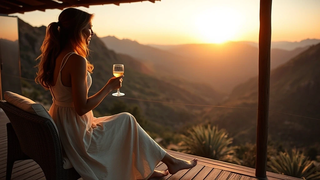 Elegante Frau geniesst Champagner bei Sonnenuntergang mit Blick auf das Drakensberg Amphitheater