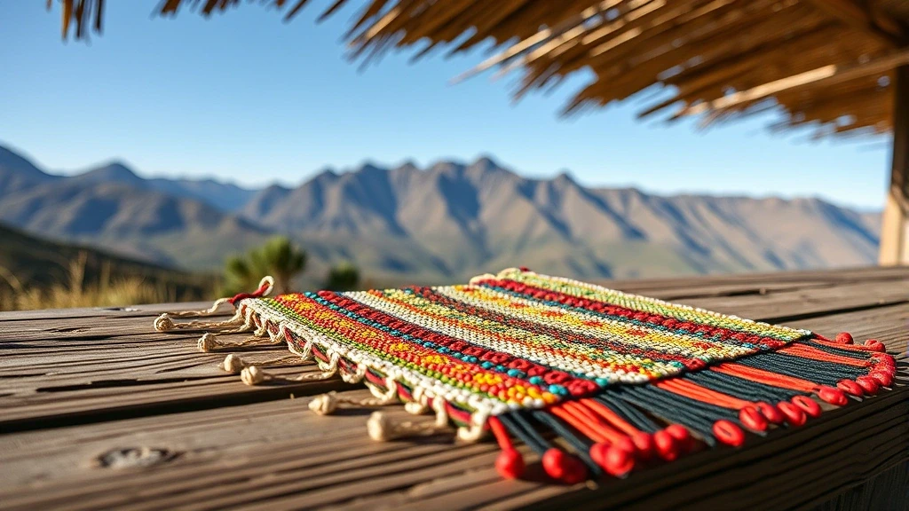 Traditionelle Zulu-Perlenarbeit vor Bergkulisse im Drakensberg Amphitheater